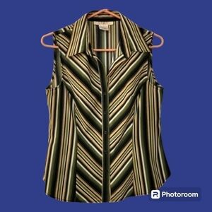 COMO Olive Striped Retro 1970's Sleeveless Button Down Shirt